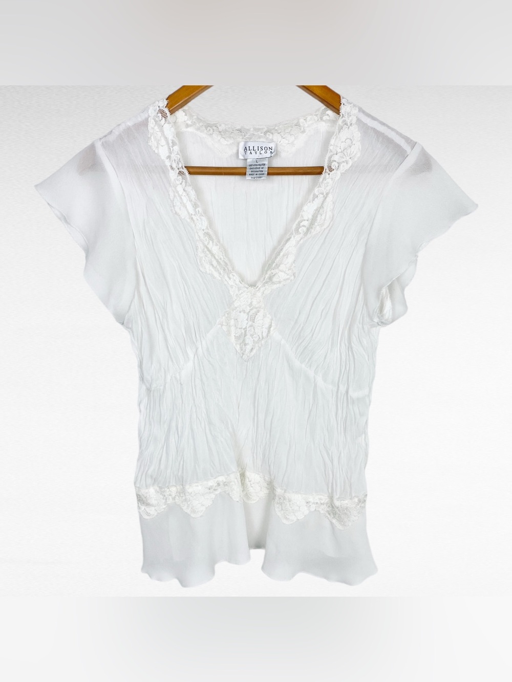 VINTAGE Allison Taylor Y2K White Crinkle Chiffon Lace Peplum Semi Sheer Blouse - Picture 6 of 8